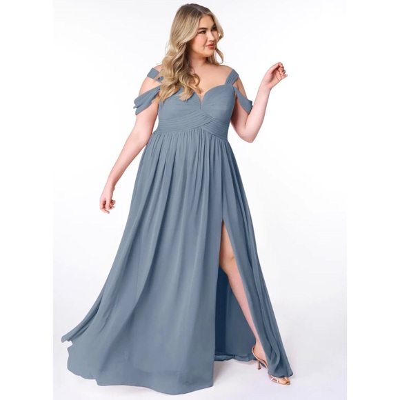 Size 12 Azazie Lianne A-Line Off the Shoulder Chiffon Dress - Twilight Color - Picture 4 of 12